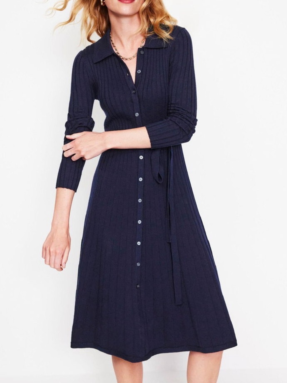 Boden Rachel Ribbed Long Sleeve Navy Button-Front Knit Dress Shirtdress - Picture 4 of 14